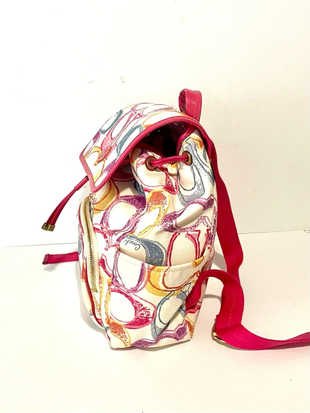 COACH F21962 Backpack Signature Canvas Multi Color Pink Enamel Clean
